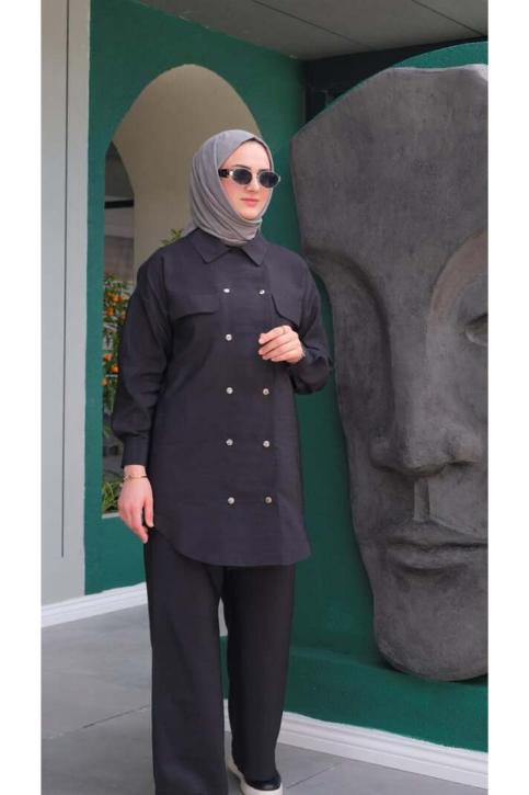 Siyah - Kupra Çıtçıtlı Gömlek Pantolon Takım